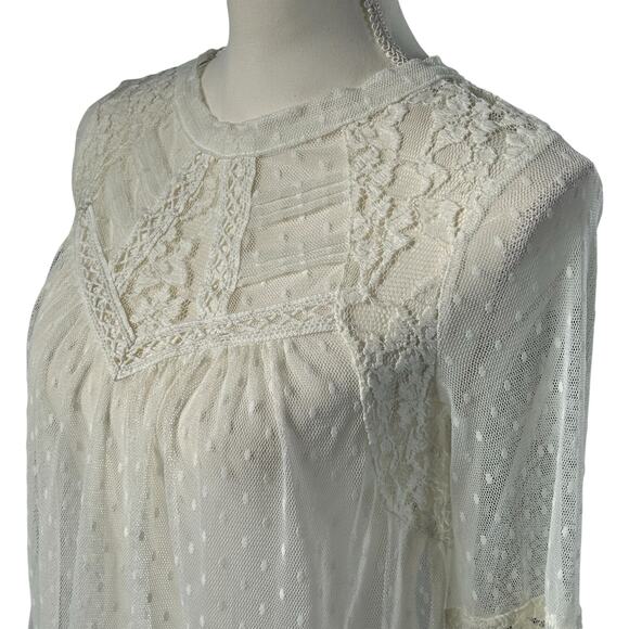 Free People Lace Top Women Sze Medium Ivory White Boho Romantic Sheer Dot Blouse - Picture 8 of 14